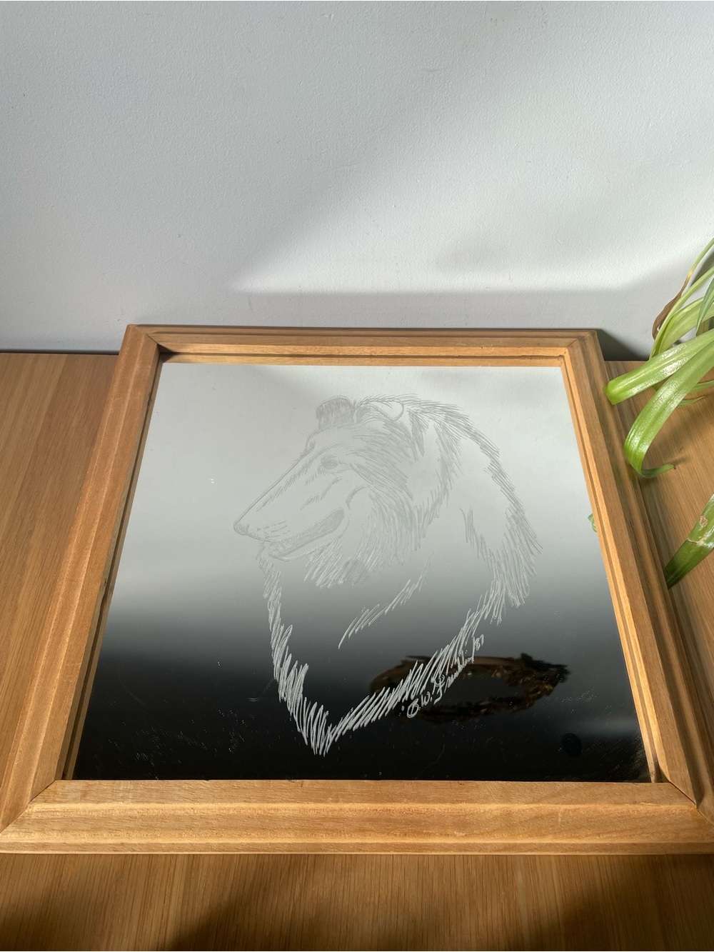 Vintage 1980s Signed Etched Collie Dog Mirror Art 14x14